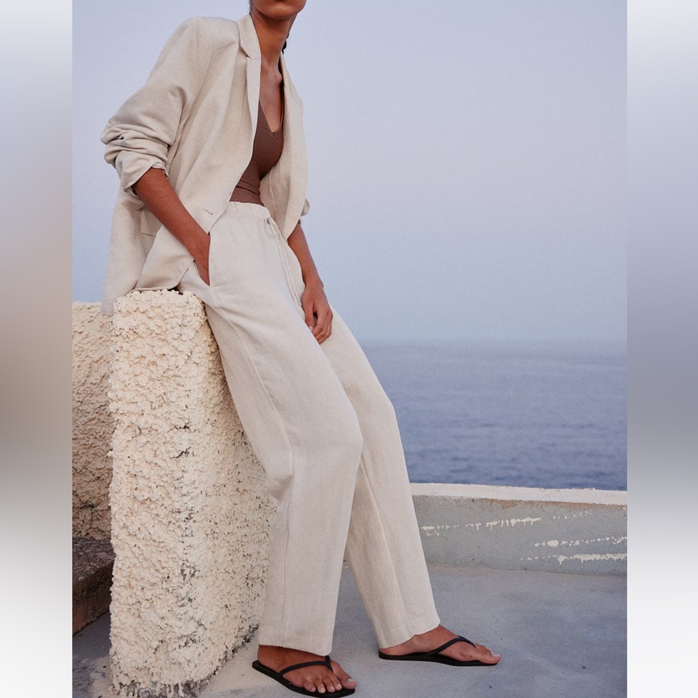 NEW H&M Linen-Blend Tapered Pants (Light Beige)